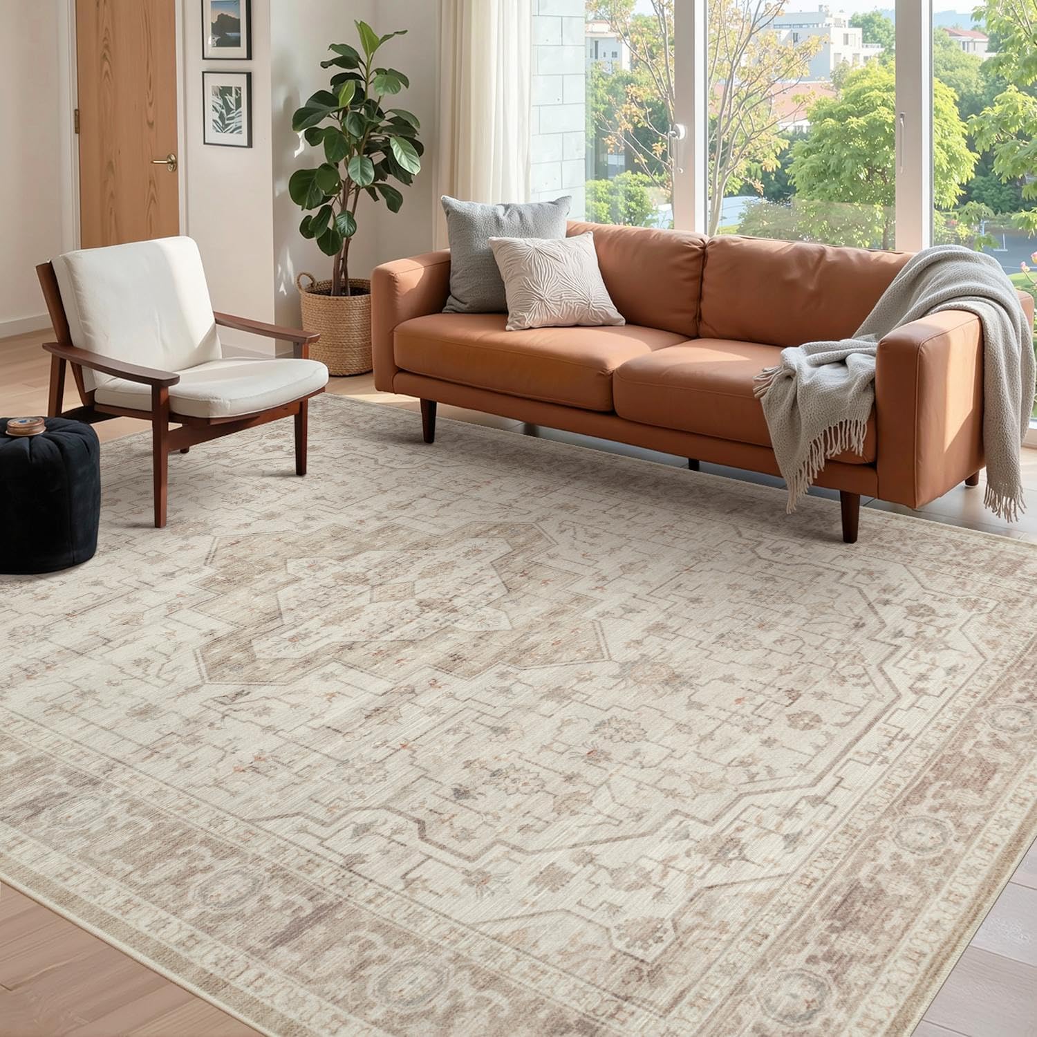 5X7 Washable Area Rug for Living Room, Vintage Boho Design
