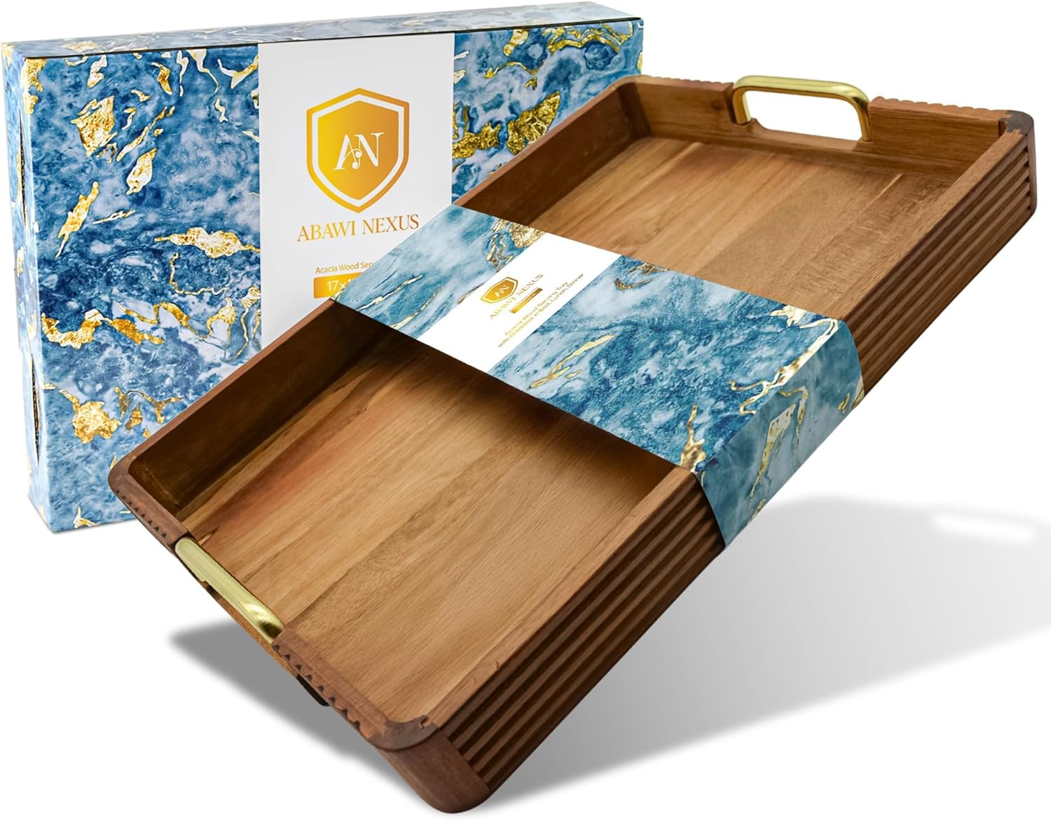 Acacia Wood Serving Tray with Metal Handles for Home Decor