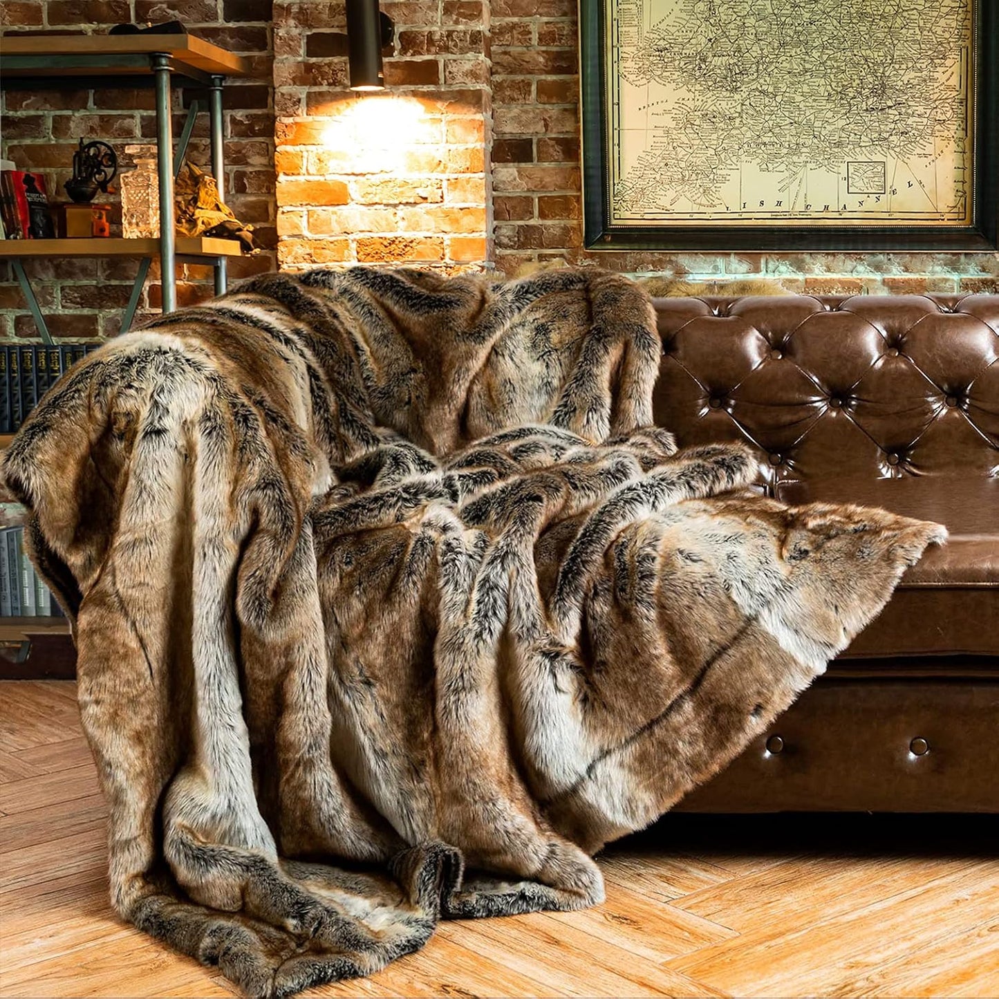 Large Brown Faux Fur Throw Blanket for Bed and Couch Use