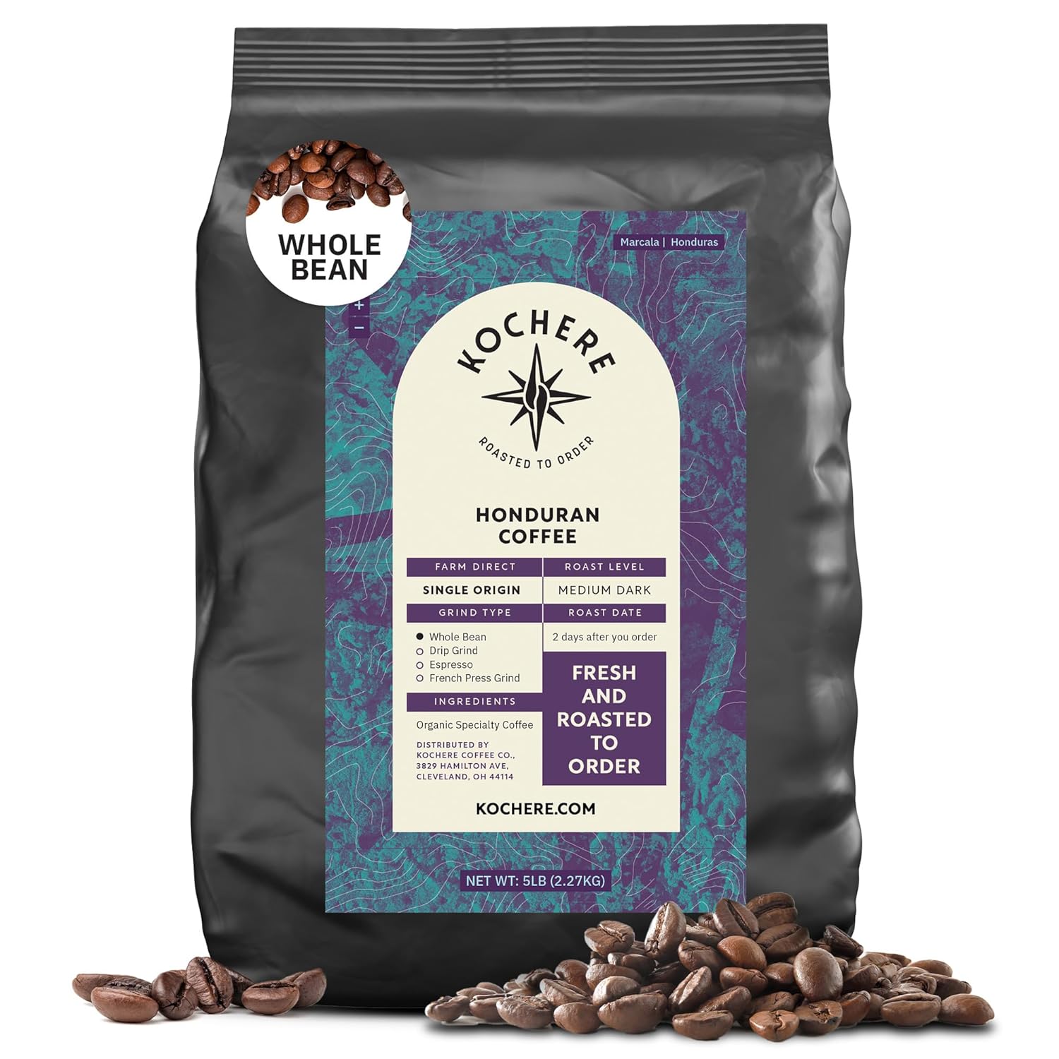 Organic Honduran Whole Bean Coffee - Medium Dark Roast 5LB