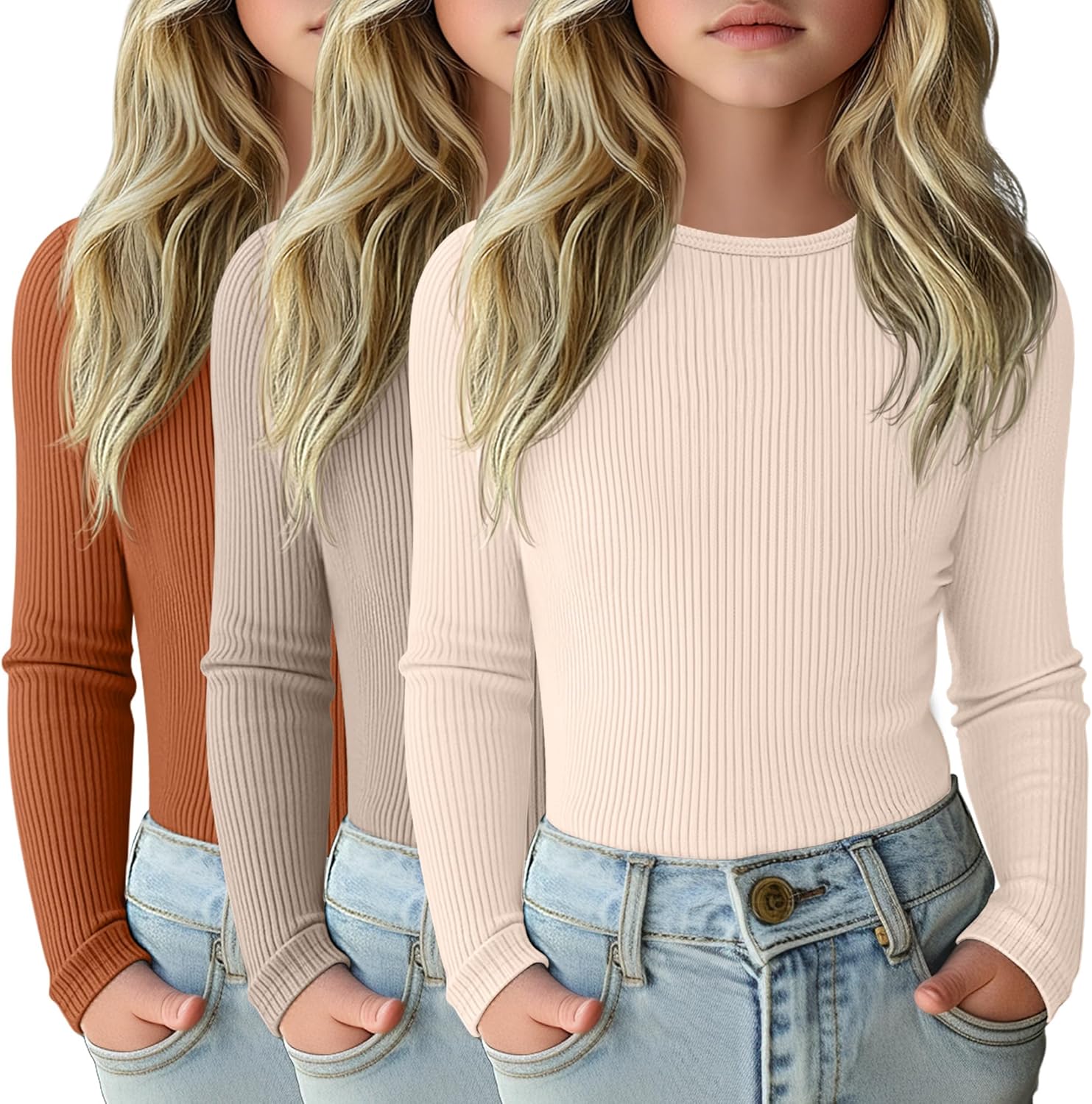 3 Pack Girls Long Sleeve Shirts for Casual Layering and Comfort