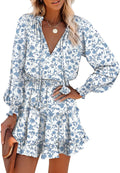 Boho Floral Drawstring V Neck Smocked Ruffle Tiered Mini Dress