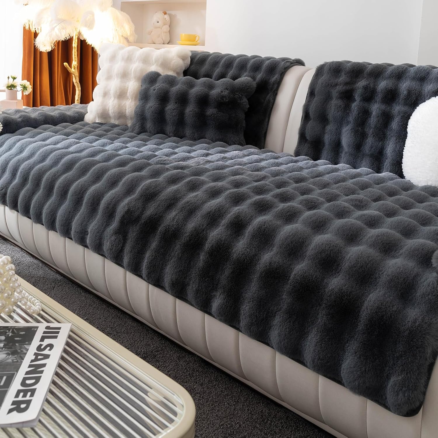 Faux Fur Couch Cover for L Shaped Sofas - Soft Plush Protector