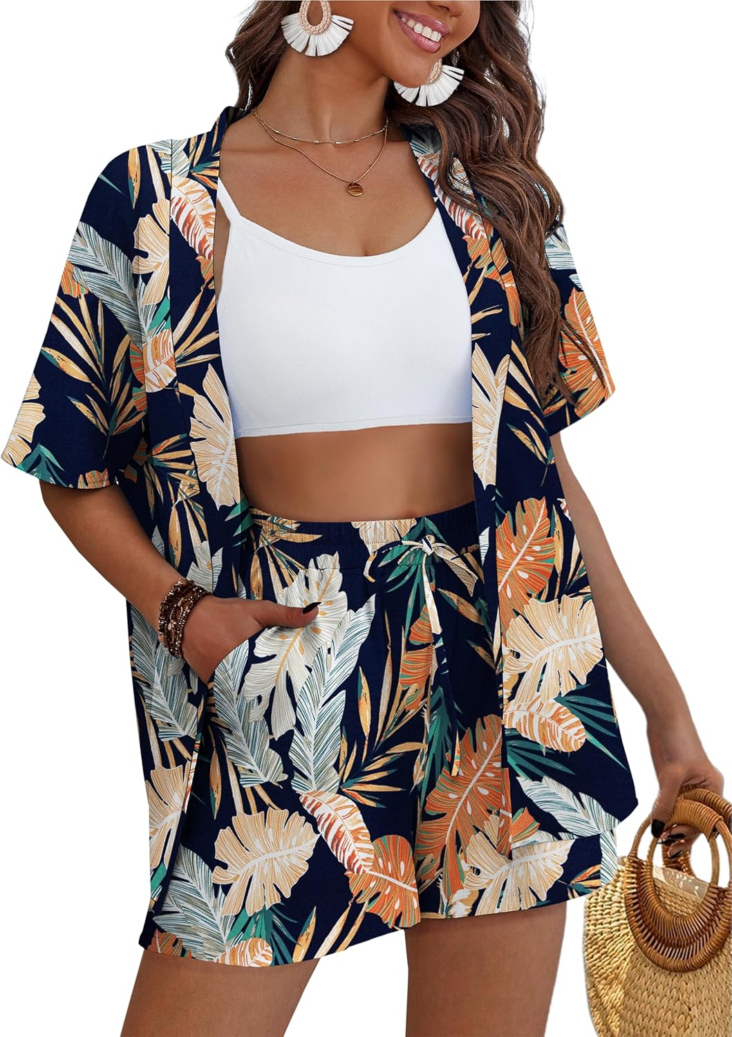 Tropical Print Kimono Style Women's 2 Piece Outfits for Summer
