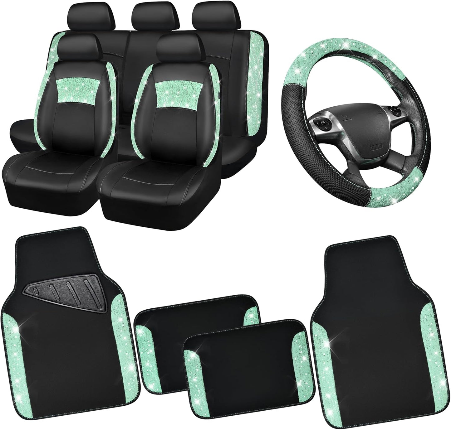 CAR PASS Universal Mint Leather Lace Car Seat Covers Full Set