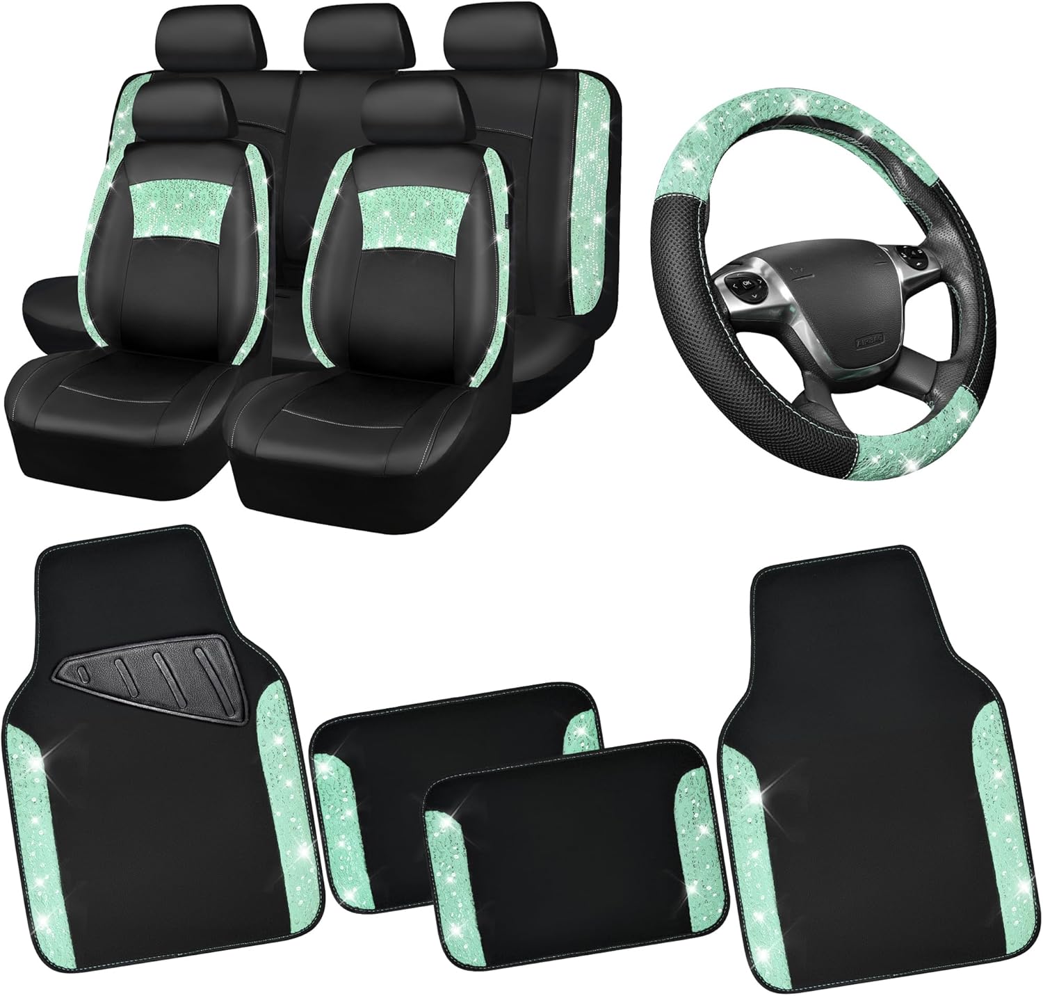 CAR PASS Universal Mint Leather Lace Car Seat Covers Full Set