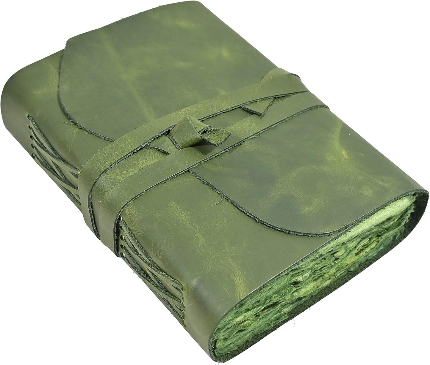 Vintage Green Leather Journal - Rustic Deckle Edge Pages