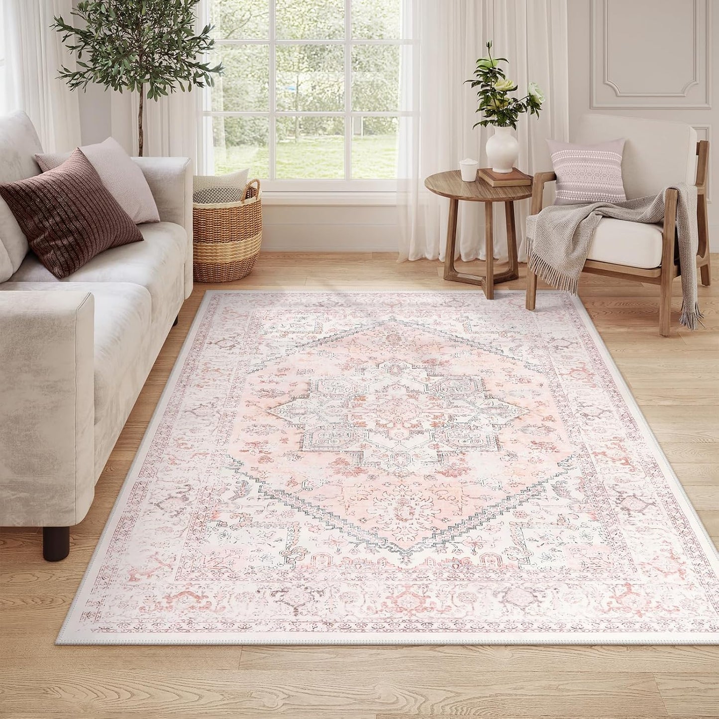 LIVEBOX Washable Pink Floral Rug 6x9 - Soft & Stain Resistant