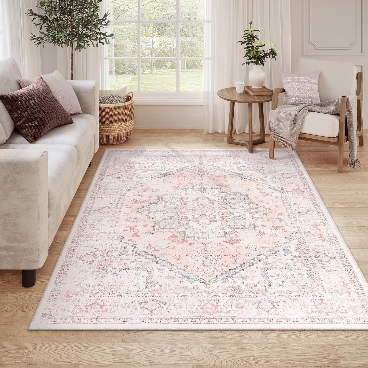LIVEBOX Washable Pink Floral Rug 6x9 - Soft & Stain Resistant