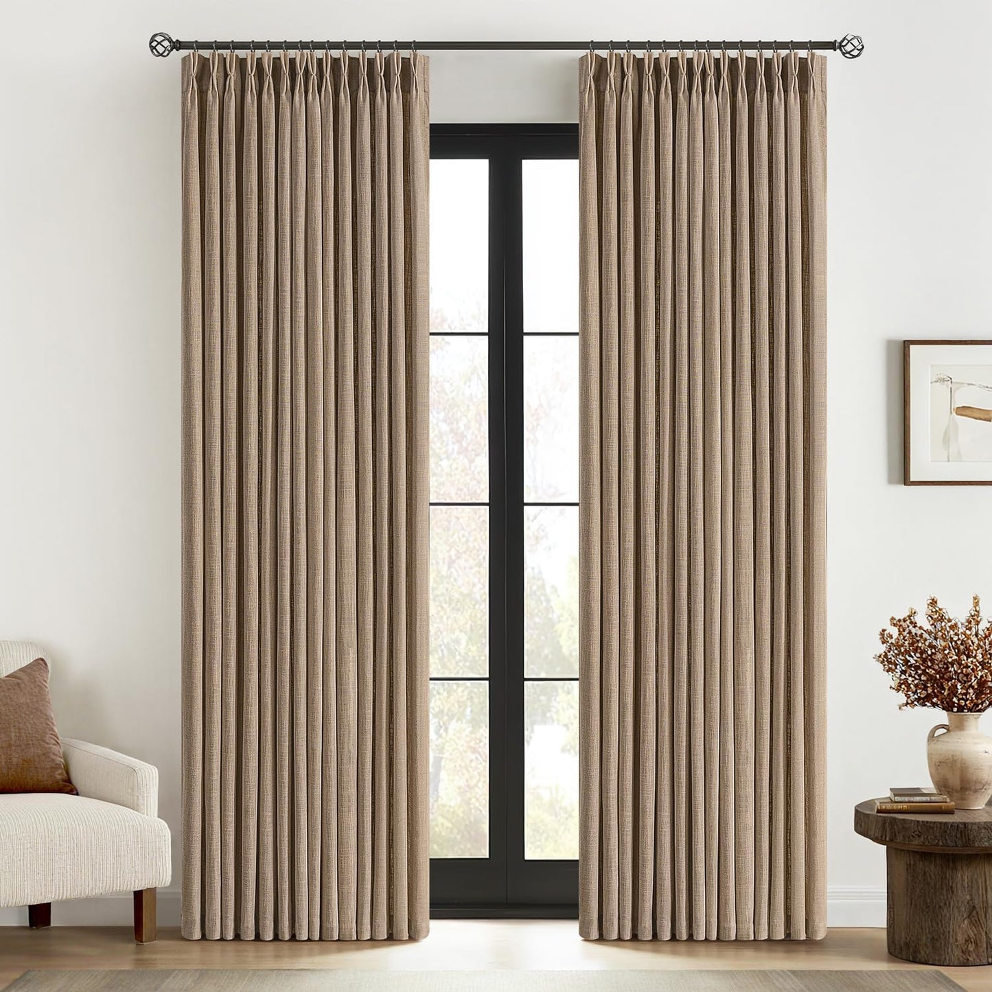Pinch Pleated Thick Linen Curtains for Living Room & Bedroom
