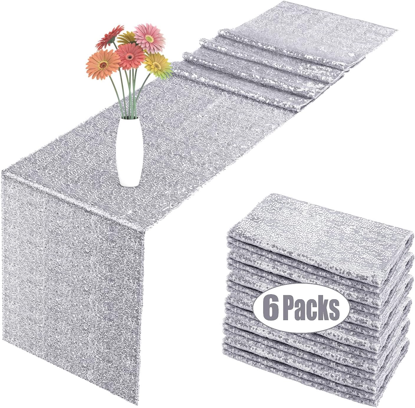 6 Pack Sequin Table Runner Silver for Elegant Party Decor
