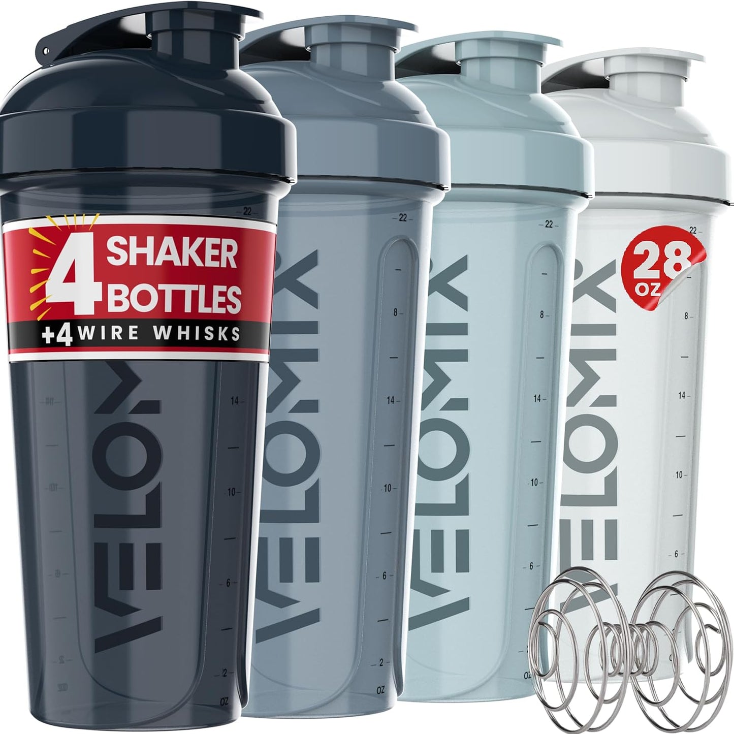 VELOMIX Protein Shaker 4-Pack | Leak-Proof Mixers