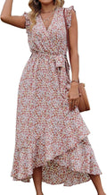 Summer Floral Maxi Dress for Women - Ruffle Sleeve Wrap V Neck
