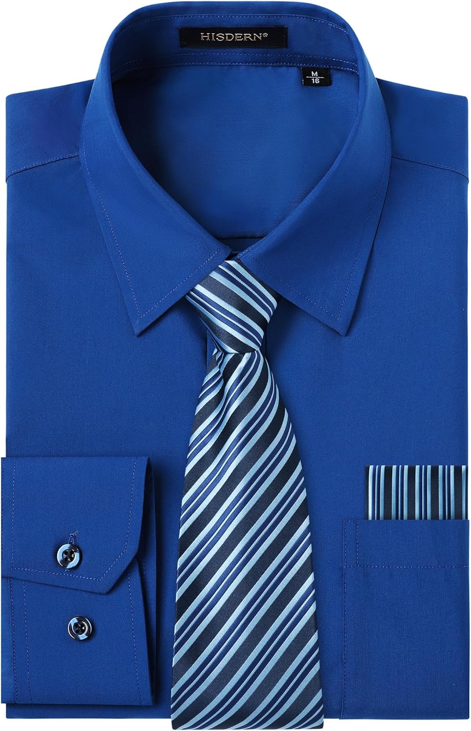 Men's Solid Long Sleeve Dress Shirt with Tie and Handkerchief Set