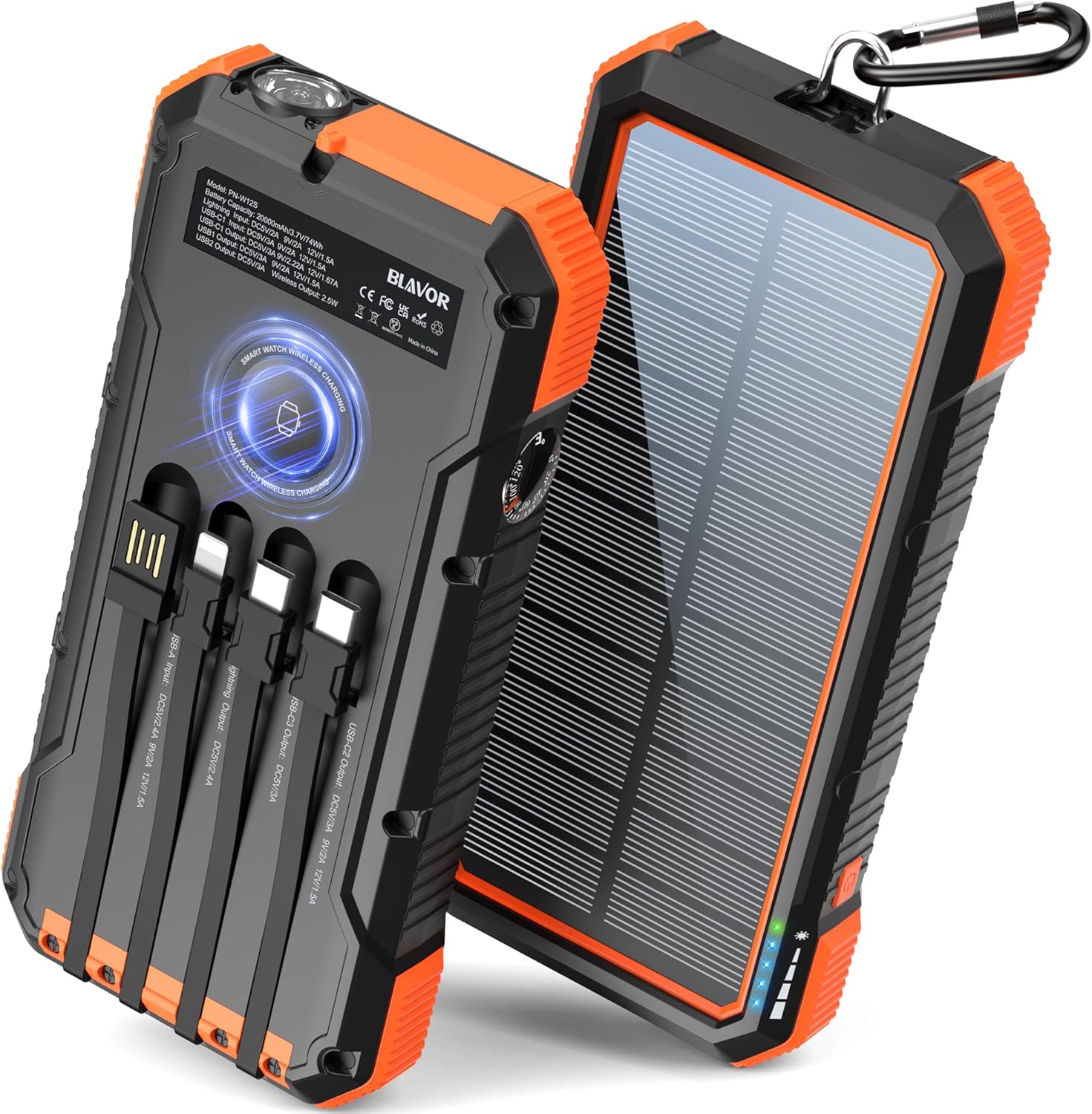 BLAVOR 20000mAh Solar Power Bank: Fast Charging, 4 Cables, Wireless + USB C, Portable Charger