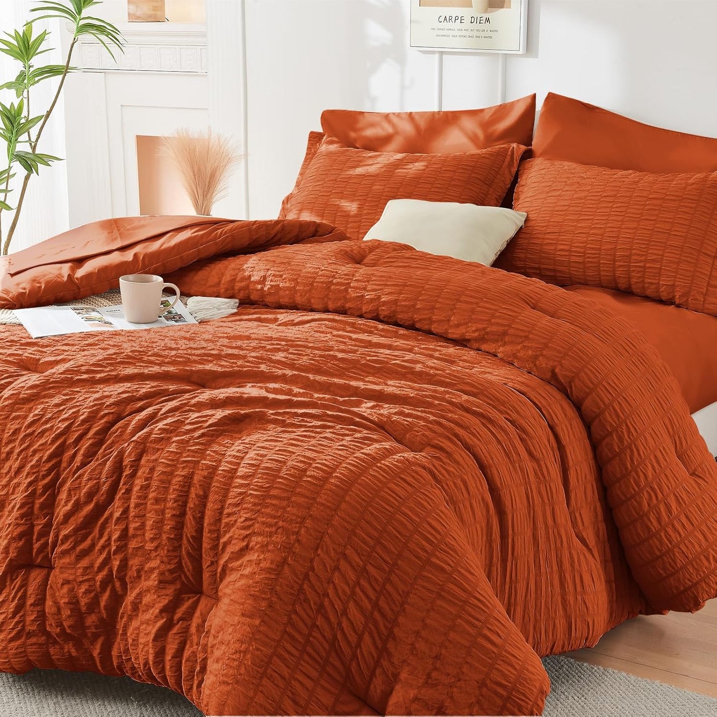 Burnt Orange Twin Comforter Set with Seersucker Design for All Seasons