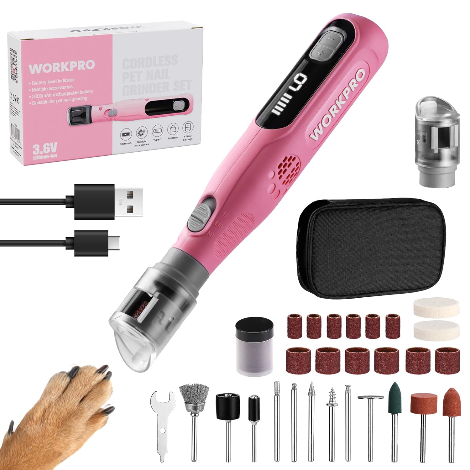 WORKPRO 6-Speed Dog Nail Grinder for Safe Pet Grooming