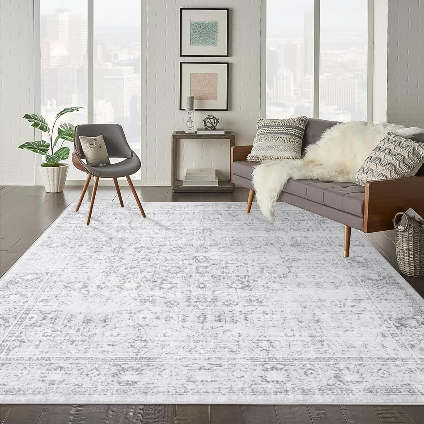 LIVEBOX Traditional Rug 9x12 - Vintage Gray Washable Carpet