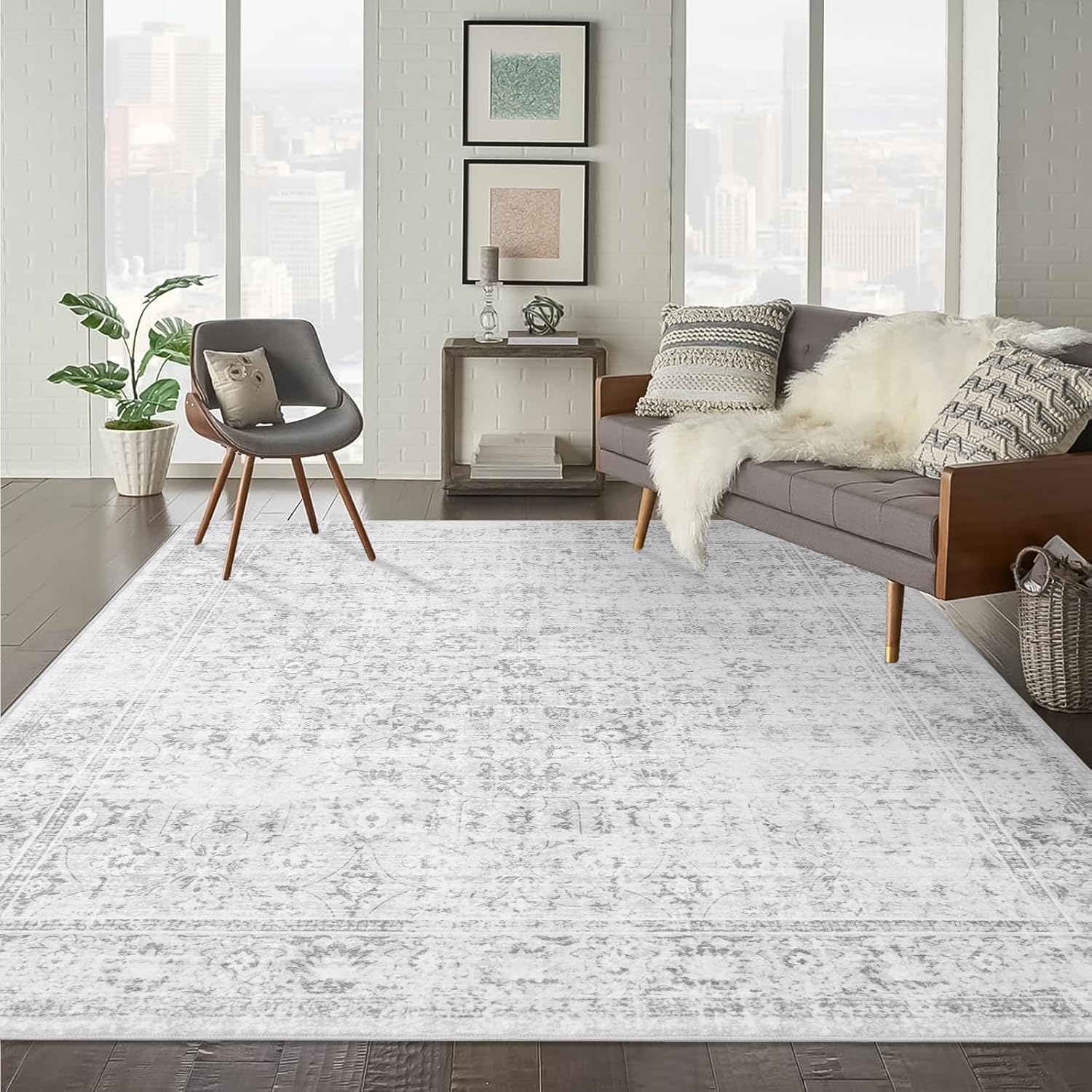 LIVEBOX Traditional Rug 9x12 - Vintage Gray Washable Carpet