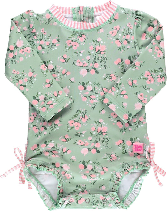 RuffleButts Baby Girls Floral Long Sleeve Rash Guard Swimsuit
