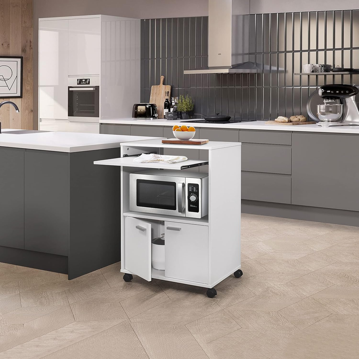 Modern White Kitchen Cart with Storage & Wheels