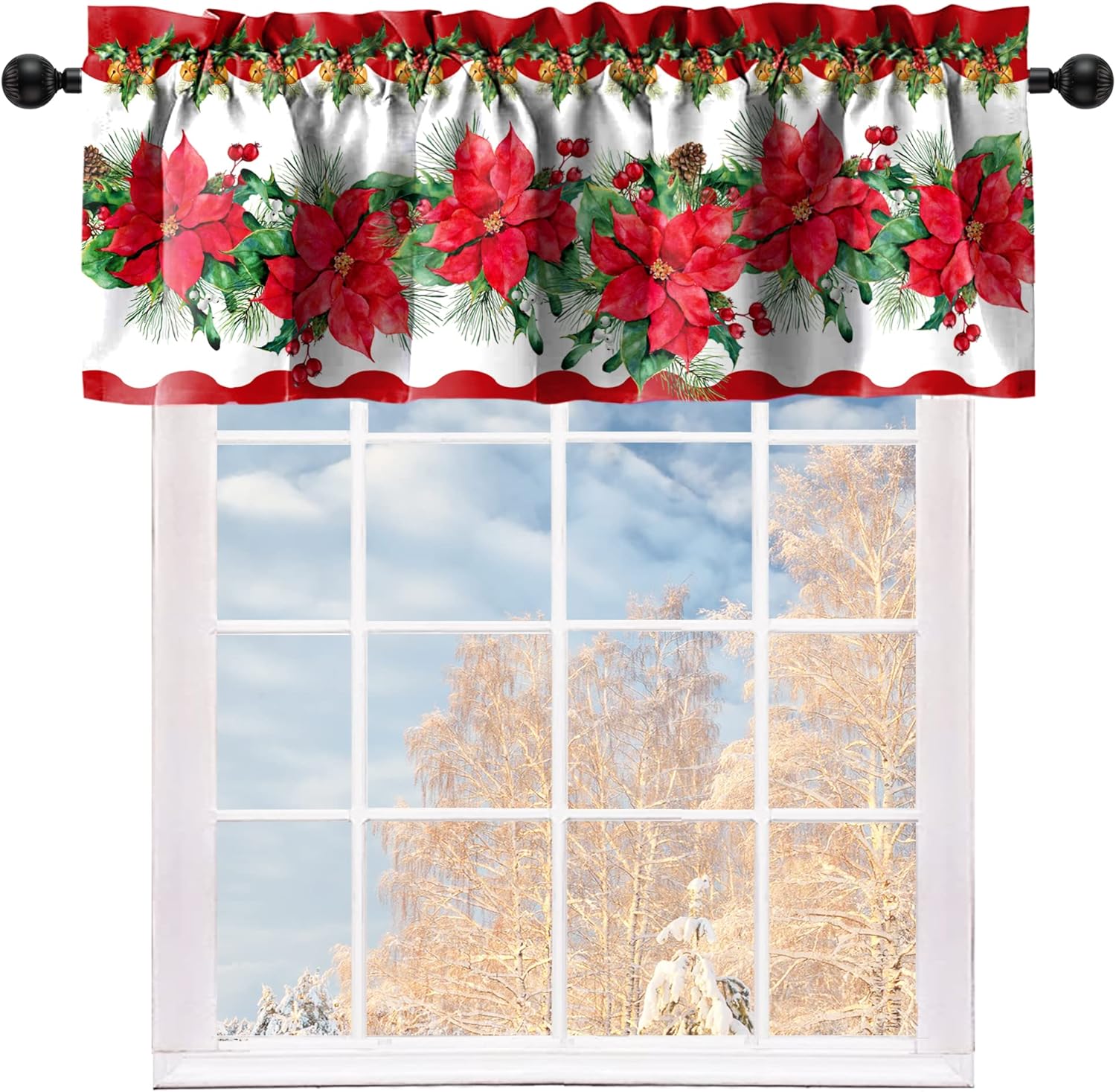 Festive Holiday Kitchen Valances - Red & Green Blooms by Cuteiush
