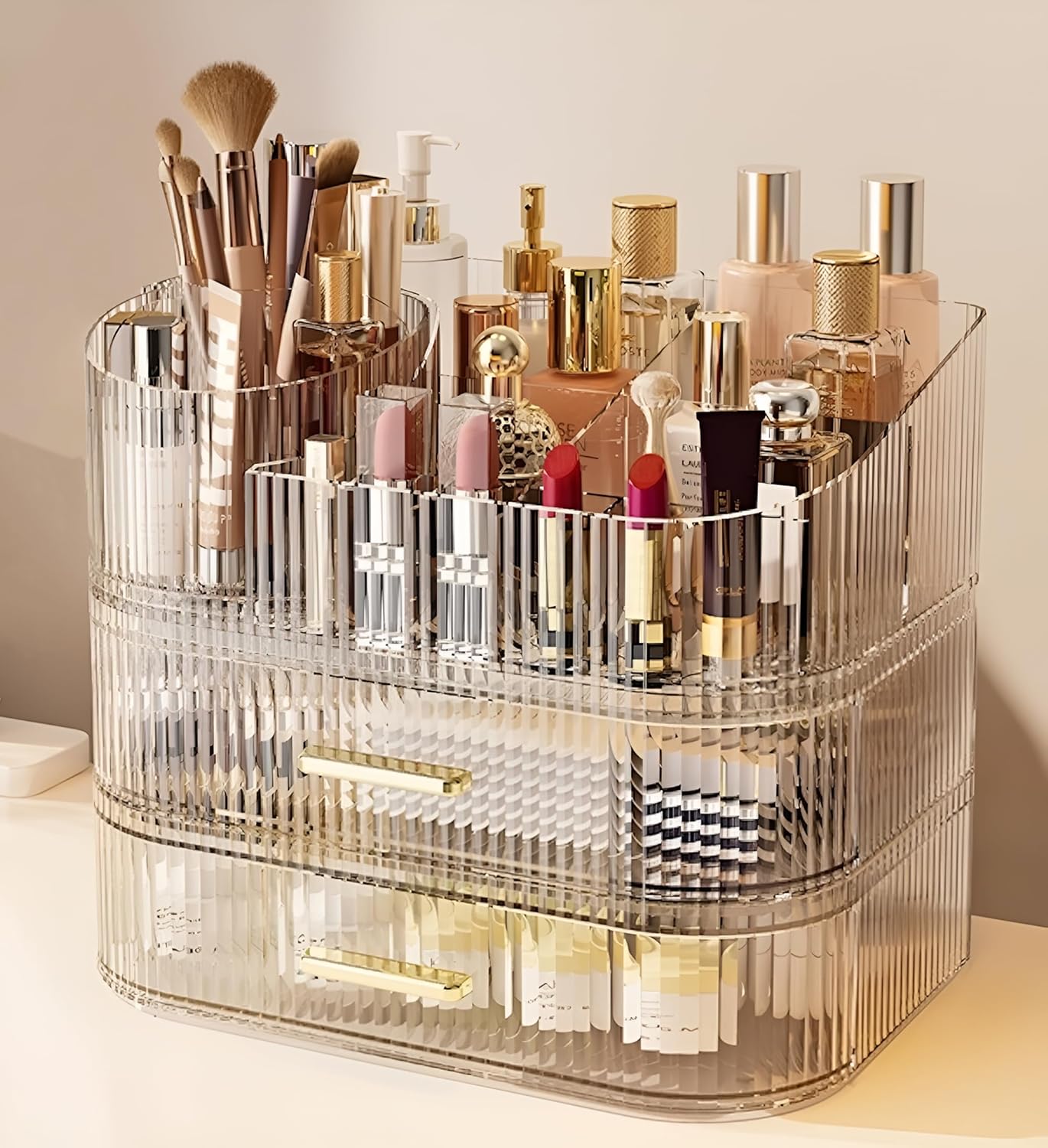 Makeup Organizer with Drawers and 360 Rotating Brush Holder