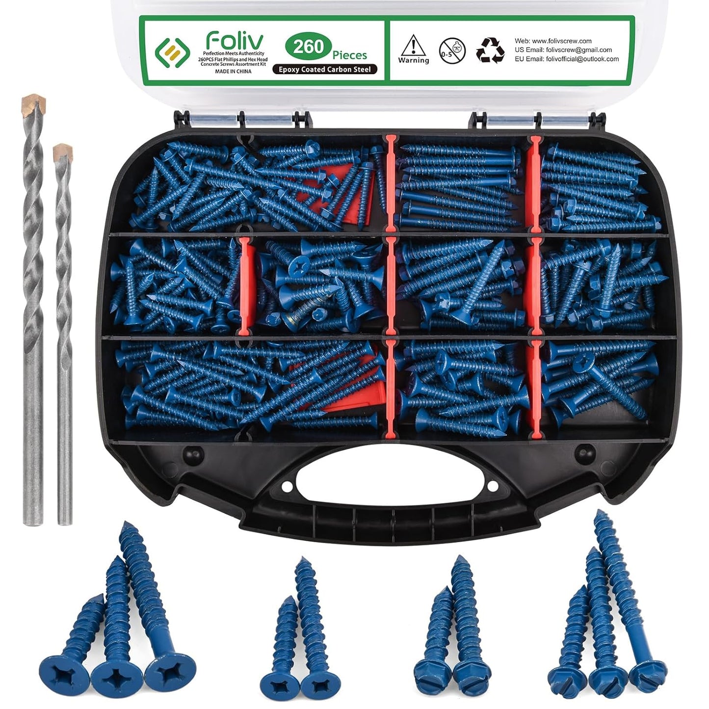 FOLIV 260PCS Concrete Screws Assortment Kit for Masonry Work