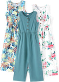 Girls Jumpsuits 3 Pack Solid Floral Button Down Romper Pants