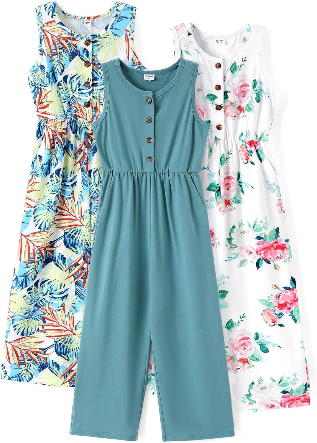 PATPAT 3 Pack Girls Jumpsuits with Floral Print and Pockets