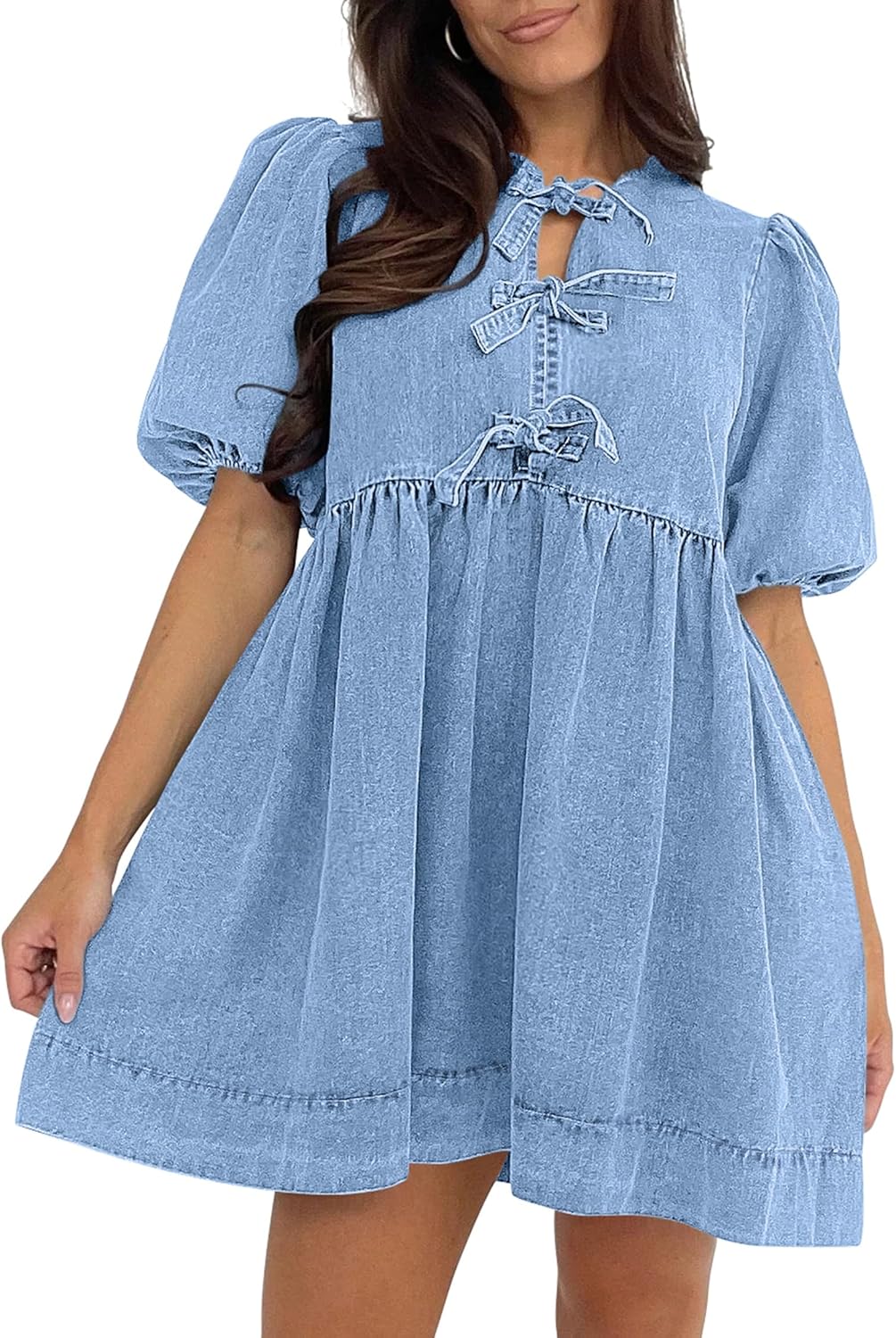 Qazel Vorrlon Denim Dress for Women with Puff Sleeves & Pockets