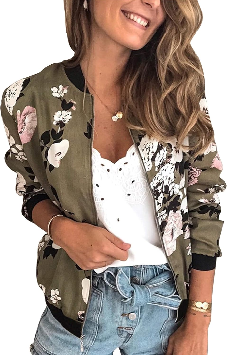 Stylish Floral Zip Up Bomber Jacket for Women by ECOWISH