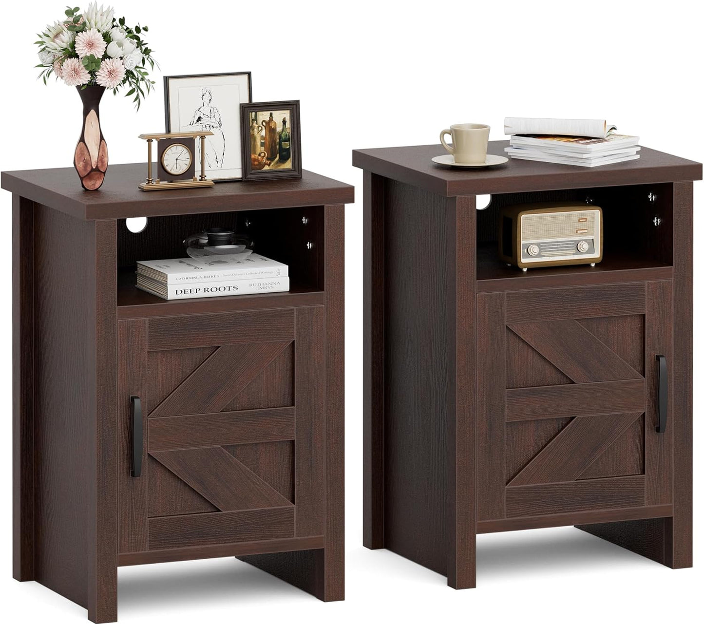 Farmhouse Nightstand Set of 2 with Barn Door and Shelf Design