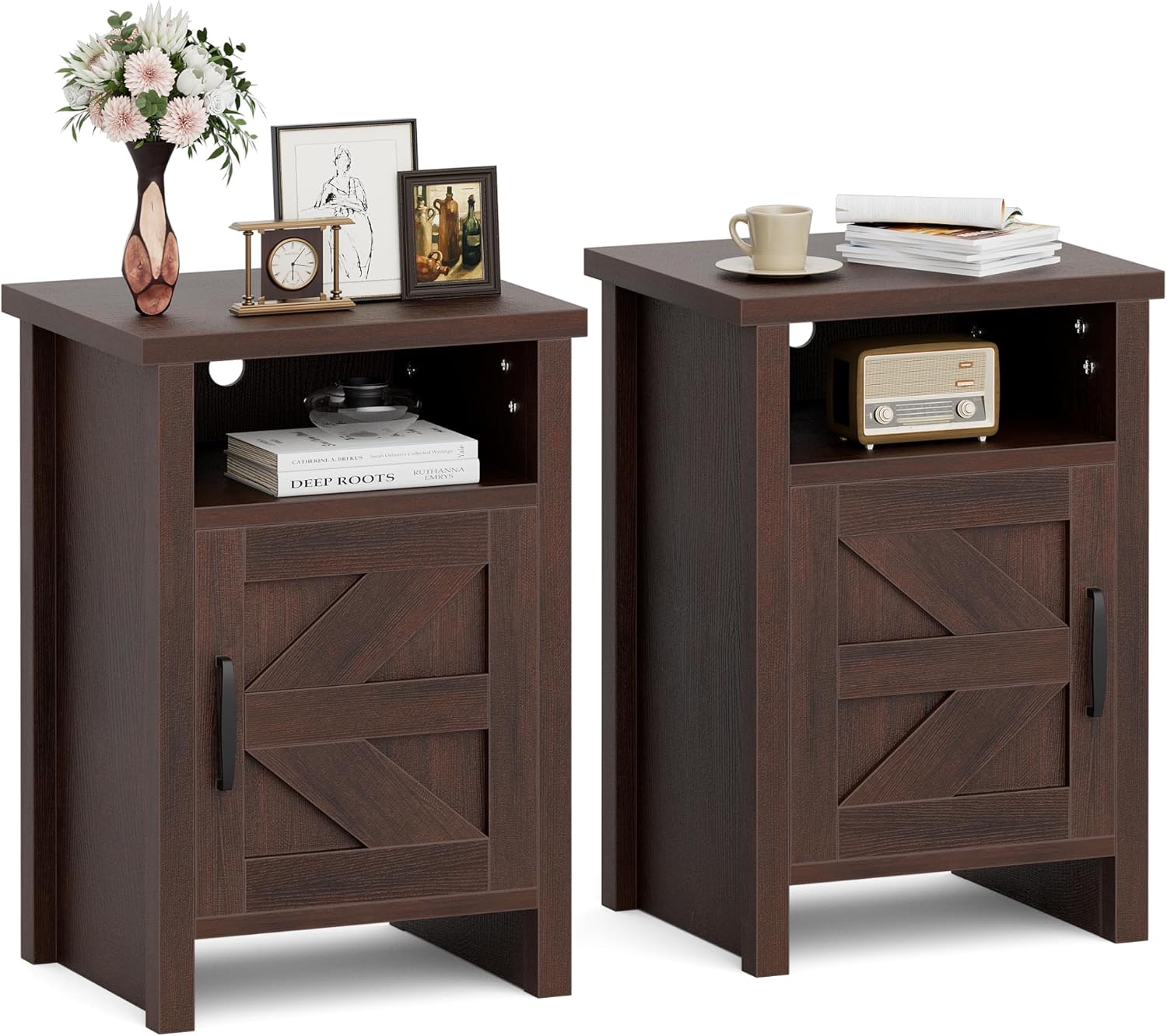 Farmhouse Nightstand Set of 2 with Barn Door and Shelf Design