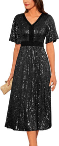 GRACE KARIN Sequin V Neck Ruffle Sleeve A-Line Dress - Sparkly Midi is