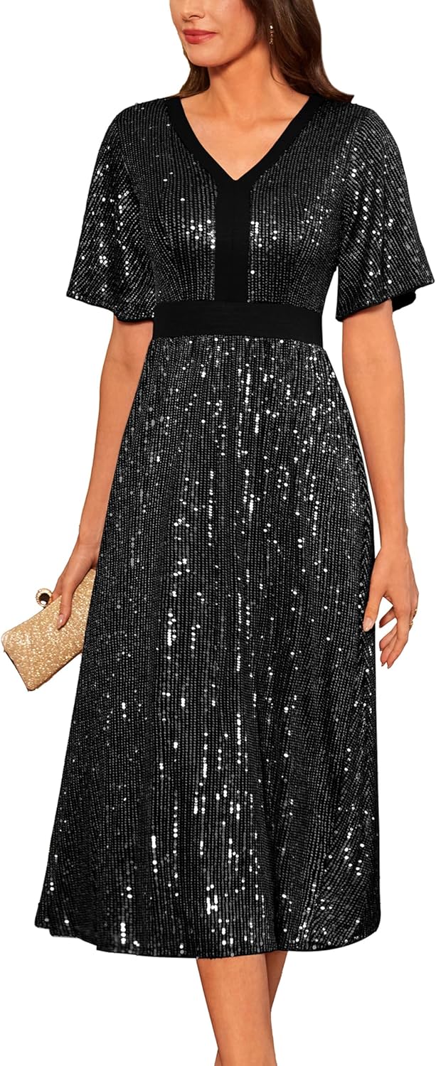 GRACE KARIN Women's Sequin V Neck Ruffle Sleeve Cocktail Dress