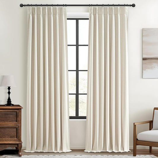 Pinch Pleat Cream Linen 102 Inch Long Curtains for Dining Room