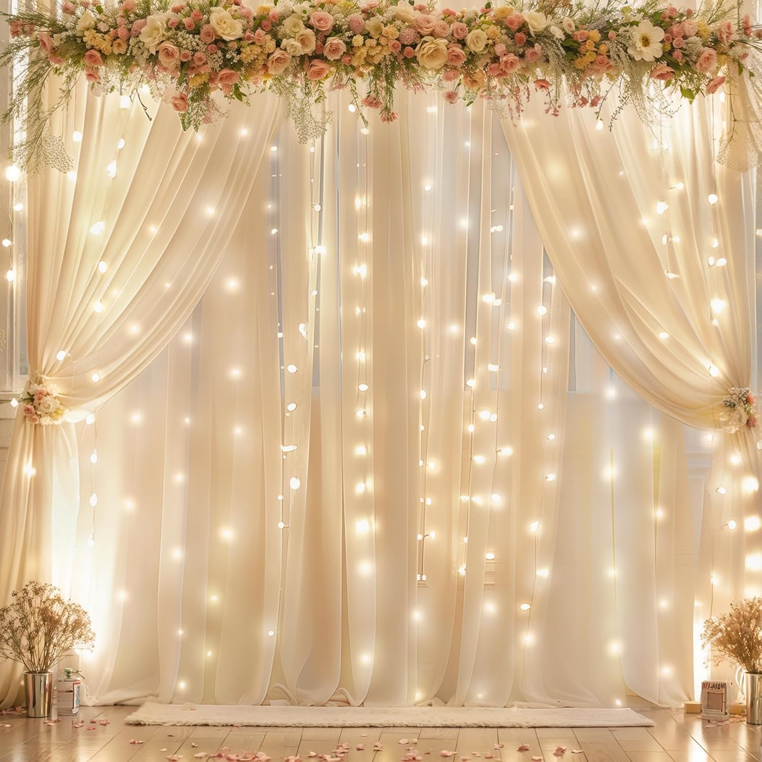10ft x 10ft Champagne Chiffon Backdrop Curtain with Lights