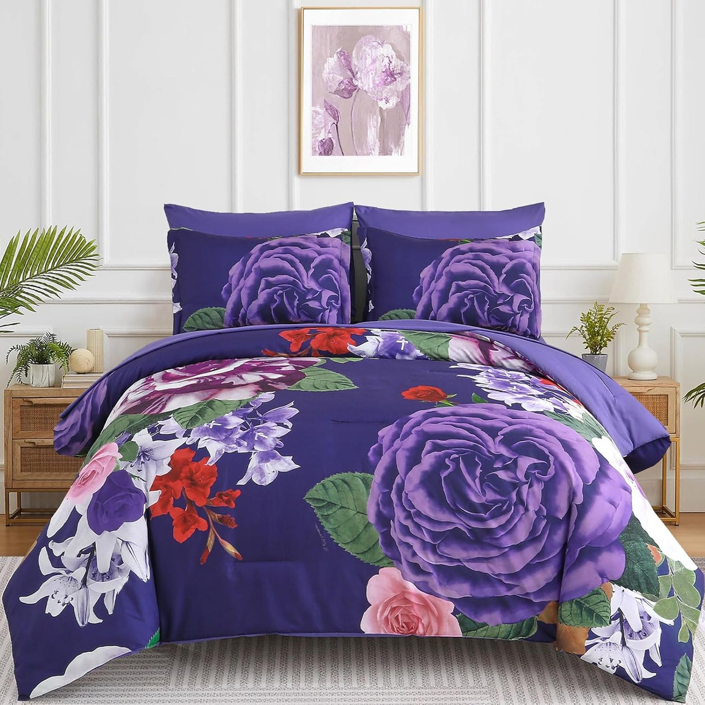 Drucon Dark Purple Floral Comforter King Size 7 Piece Set