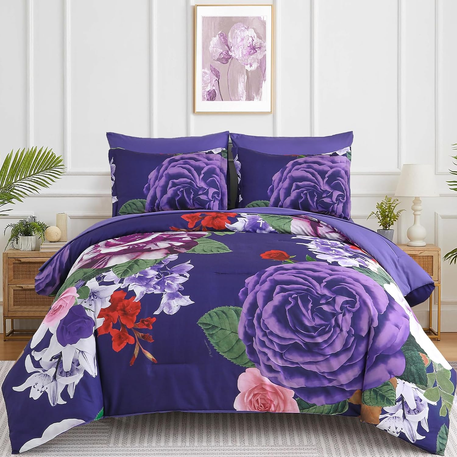 Drucon Dark Purple Floral Comforter King Size 7 Piece Set