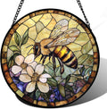 Stained Glass Window Hanging Bee Yellow Flower Suncatcher - 15 in