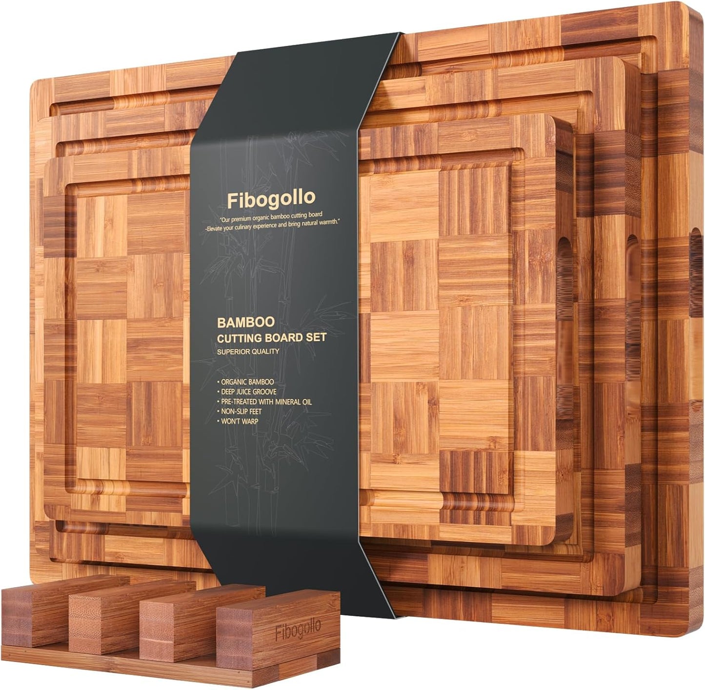 Bamboo Cutting Boards Set of 3 with Juice Groove and Holder