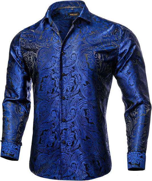 DiBanGu Mens Silk Paisley Dress Shirt for Weddings and Parties