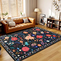 Floral Washable Area Rug 4x6 Black Boho Ultra-Thin - Soft Non Slip