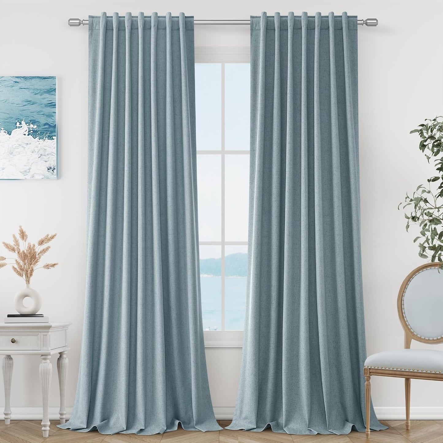 Guken Blue Linen Blackout Curtains for Living Room 84 Inch