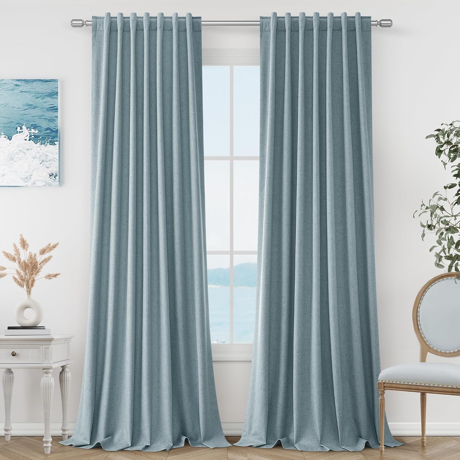 Guken Blue Linen Blackout Curtains for Living Room 84 Inch