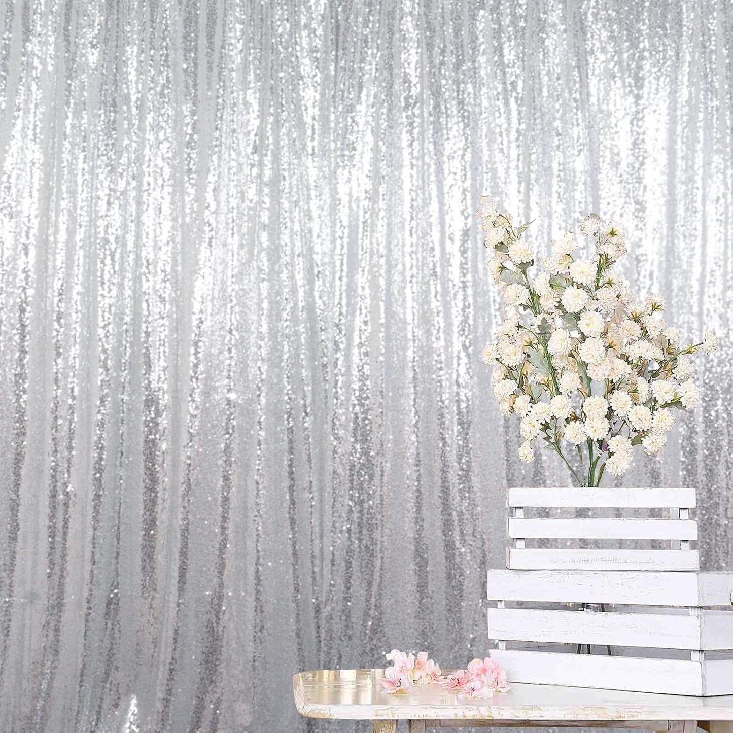 ShinyBeauty Silver Sequin Curtain 2 Panels for Elegant Events