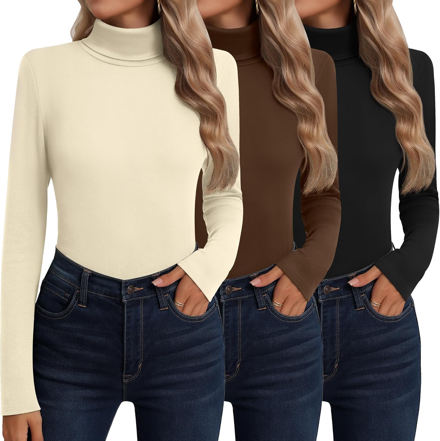 Neer 3 Pack Cotton Women's Turtleneck Long Sleeve Tops