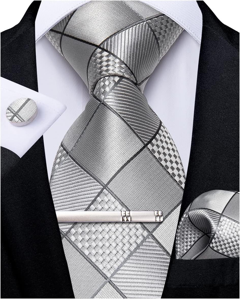 DiBanGu Plaid Ties for Men with Pocket Square and Cufflinks Set
