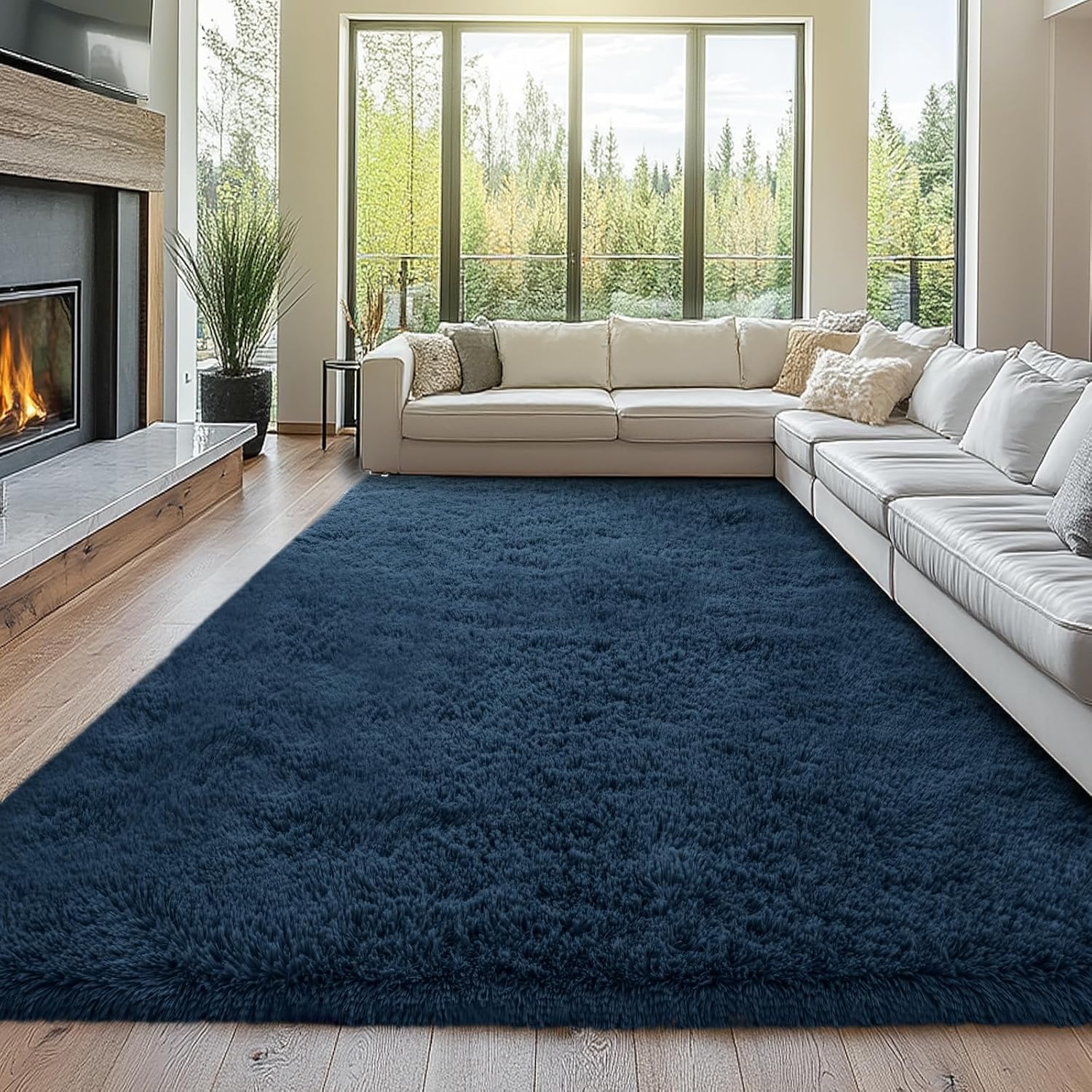 Navy Blue Plush Modern Area Rug: Soft Shag for Living Room